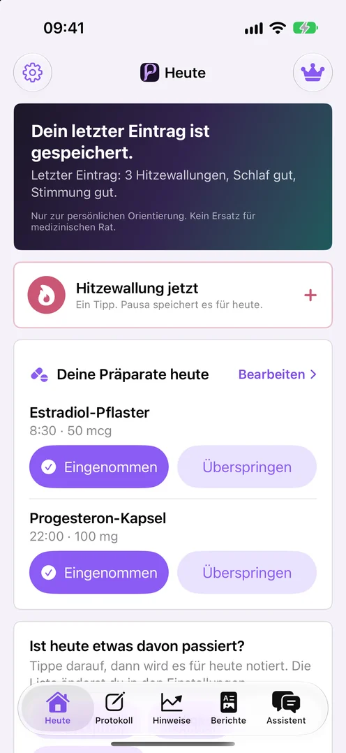 Pausa Heute-Bildschirm: Hitzewallung mit einem Tippen erfassen und die Woche sehen