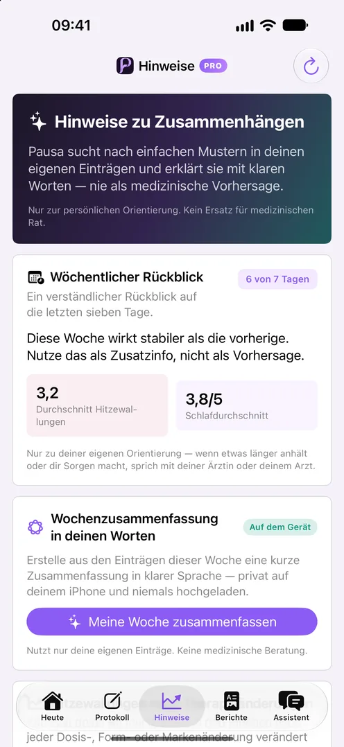 Pausa-Wochenübersicht in einfacher Sprache mit Durchschnittswerten für Hitzewallungen und Schlaf