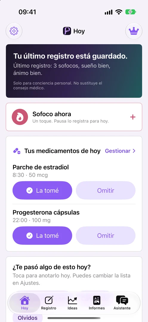 Pantalla Hoy de Pausa: registra un sofoco con un toque y mira tu semana