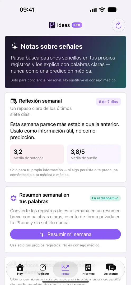 Resumen semanal de Pausa en lenguaje sencillo con promedios de sofocos y sueño
