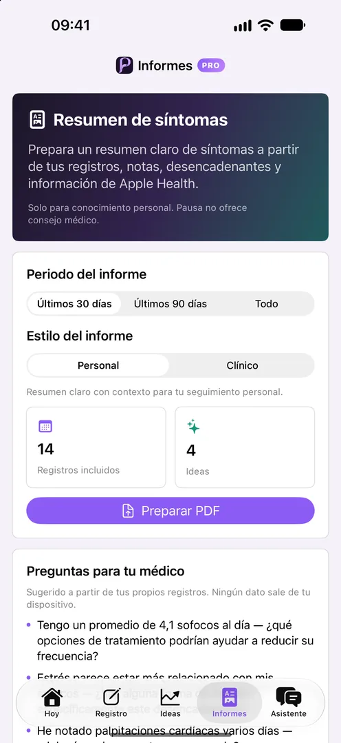 Pantalla Informes de Pausa: prepara un resumen personal o clínico para tu médico
