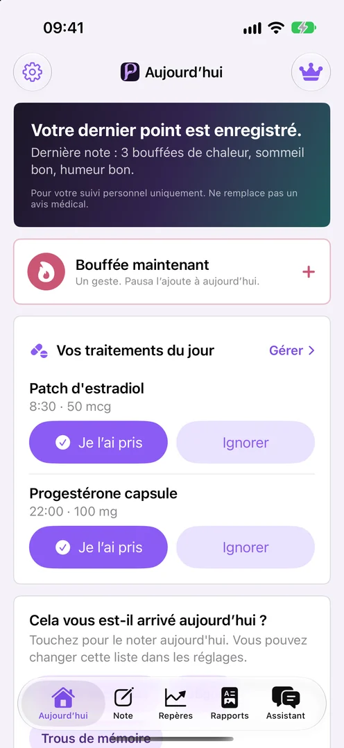 Écran Aujourd'hui de Pausa : noter une bouffée de chaleur en un geste et voir sa semaine