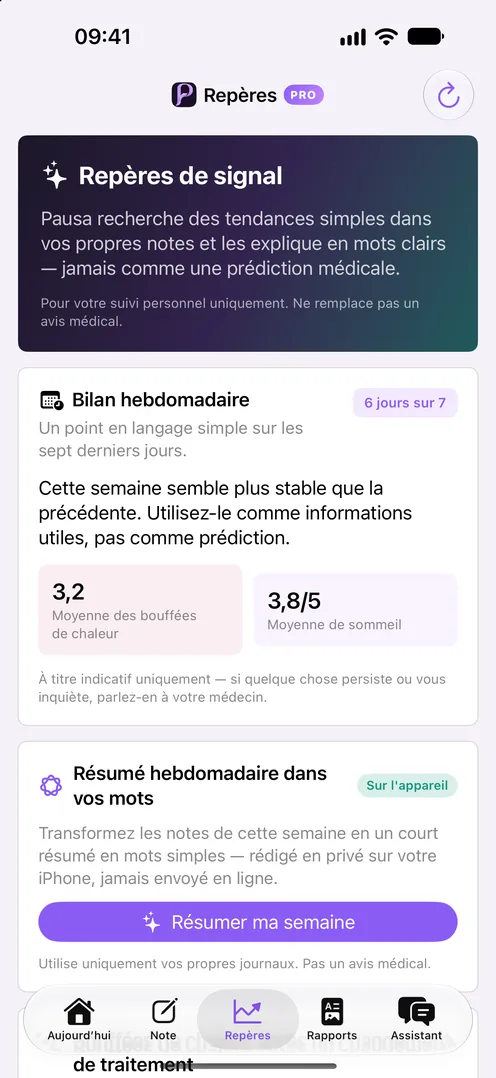 Résumé hebdomadaire Pausa en langage simple avec moyennes des bouffées et du sommeil