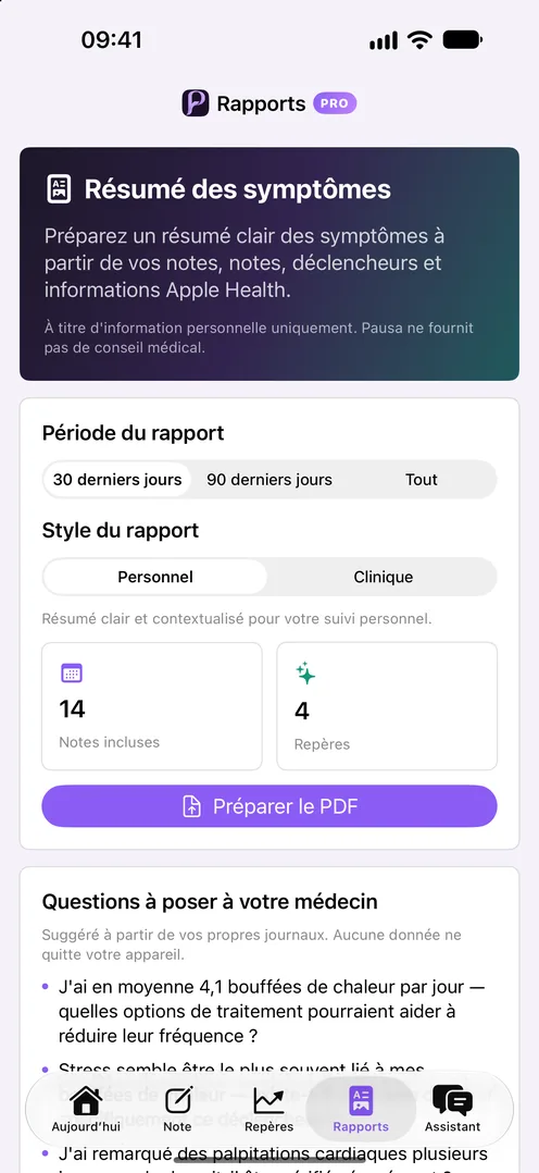 Écran Rapports de Pausa : préparer un résumé personnel ou clinique pour votre médecin