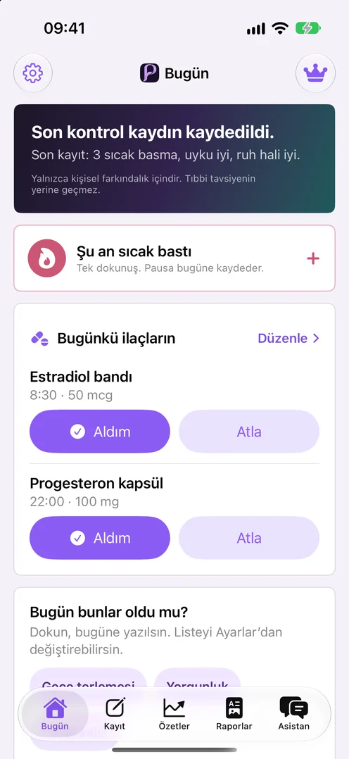 Pausa Bugün ekranı: tek dokunuşla sıcak basma kaydı ve haftanın özeti