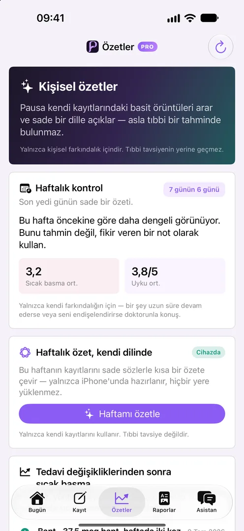 Sıcak basma ve uyku ortalamalarıyla sade dilde Pausa haftalık özeti