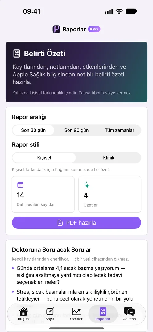 Pausa Raporlar ekranı: doktorun için kişisel ya da klinik özet hazırla