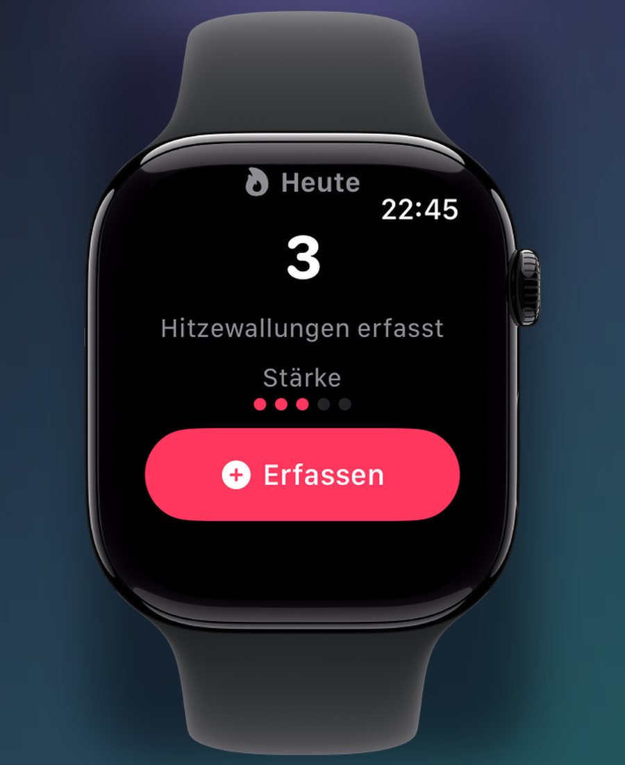 Pausa auf der Apple Watch: heutige Anzahl an Hitzewallungen, Stärke und die Taste Erfassen