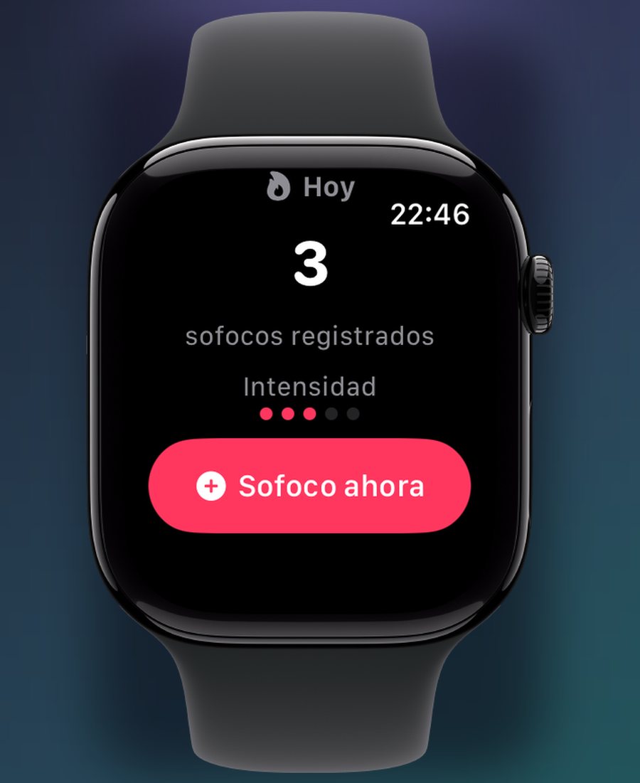 Pausa en el Apple Watch: número de sofocos de hoy, intensidad y botón Sofoco ahora