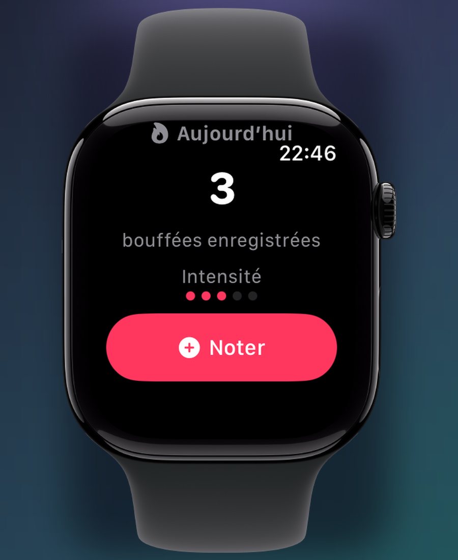 Pausa sur l'Apple Watch : nombre de bouffées de chaleur du jour, intensité et bouton Noter